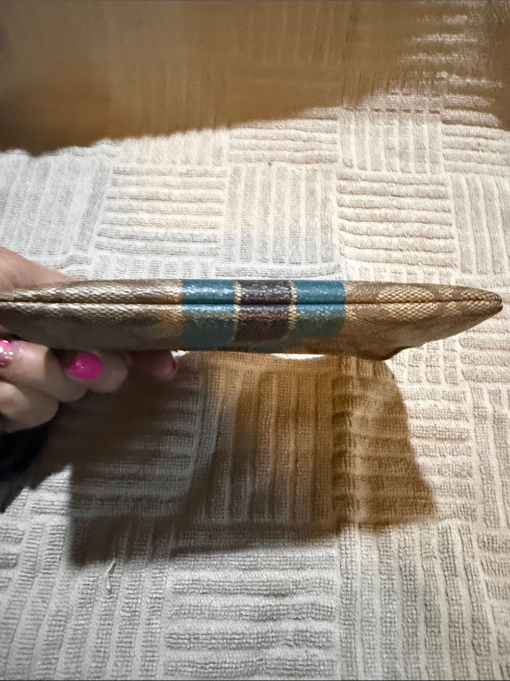 Coach Khaki Signature Wristlet with Teal and Navy Stripes - Picture 3 of 5